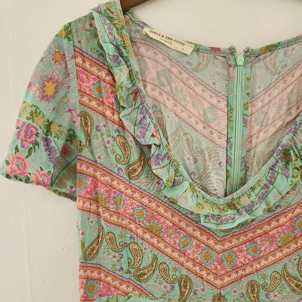 Spell And The Gypsy Paisley Print Ruffle Mini Dress Boho Chic Green Small - Picture 5 of 8